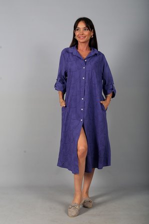 Kadın İtalyan Cotton Cepli Kabartma Çiçek Nakış İşlemeli Oversize Uzun Elbise