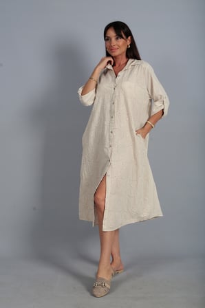 Kadın İtalyan Cotton Cepli Kabartma Çiçek Nakış İşlemeli Oversize Uzun Elbise
