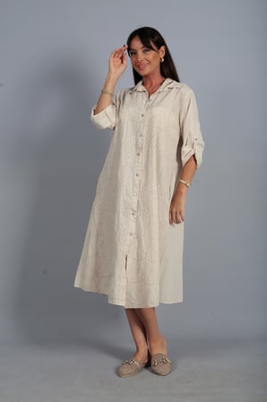 Kadın İtalyan Cotton Cepli Kabartma Çiçek Nakış İşlemeli Oversize Uzun Elbise