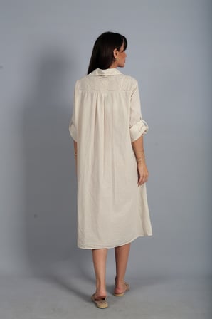 Kadın İtalyan Cotton Cepli Kabartma Çiçek Nakış İşlemeli Oversize Uzun Elbise