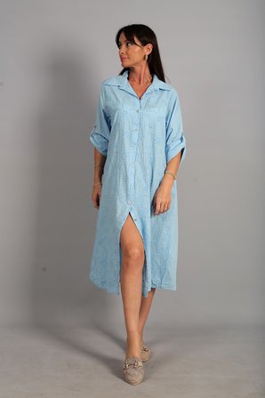 Kadın İtalyan Cotton Cepli Kabartma Çiçek Nakış İşlemeli Oversize Uzun Elbise