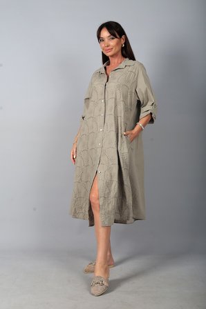 Kadın İtalyan Cotton Cepli Kabartma Çiçek Nakış İşlemeli Oversize Uzun Elbise