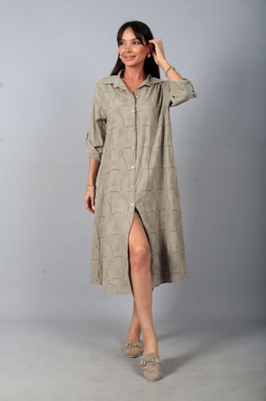 Kadın İtalyan Cotton Cepli Kabartma Çiçek Nakış İşlemeli Oversize Uzun Elbise