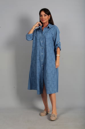 Kadın İtalyan Cotton Cepli Kabartma Çiçek Nakış İşlemeli Oversize Uzun Elbise