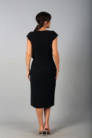 Kadın V Yaka Astarlı  Drape ve Taş Detaylı Volanlı Krep Midi Elbise