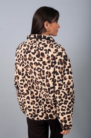 Kadın Dik Yaka Fermuarlı Leopar Desen Peluş Cepli Sweat