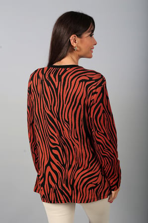 Kadın Önü Dikey Taş İşleme Zebra Desen Uzun Kol Hırka