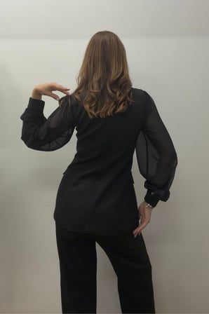 Kadın Gold Kanca Düğmeli Astarlı Şifon Kol Ceket Beli Lastikli Cepli Bol Paça Pantolon 2'li Takım