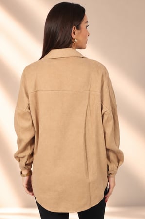 Kadın Kapaklı Çift Cepli Önü Düğmeli Kaşe Oversize Gömlek