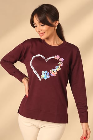 Kadın Renkli Pati İzli Kalp Desenli Uzun Kollu Bluz