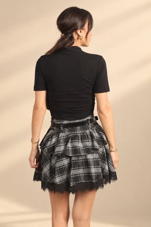 Kadın Beli Kemerli Ekose Desen Eteği Dantelli Kat Kat Mini Etek