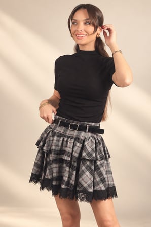 Kadın Beli Kemerli Ekose Desen Eteği Dantelli Kat Kat Mini Etek