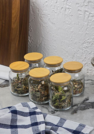 Cam Kavanoz Seti - 6'lı Bambu Kapaklı Kavanoz Takımı - 12 Parça, 250 ML