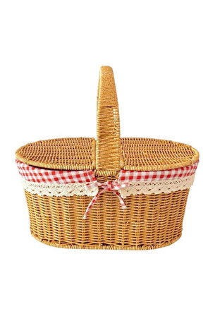 Mien Büyük Boy Rattan Örme Piknik Sepeti Oval Ekoseli Tek Kulp