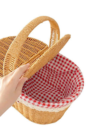 Mien Büyük Boy Rattan Örme Piknik Sepeti Oval Ekoseli Tek Kulp