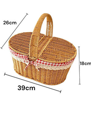 Mien Büyük Boy Rattan Örme Piknik Sepeti Oval Ekoseli Tek Kulp