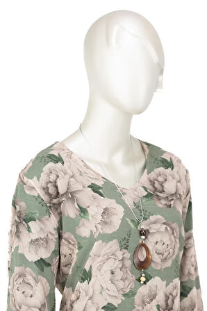 Oppland Kadın Klasik Şifon Anne Bluz Viskoz Kumaş Gül Desenli Kolyeli Uzun Kollu Astarlı Tam Kalıp