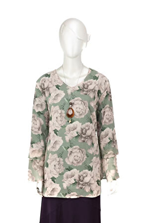 Oppland Kadın Klasik Şifon Anne Bluz Viskoz Kumaş Gül Desenli Kolyeli Uzun Kollu Astarlı Tam Kalıp