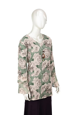 Oppland Kadın Klasik Şifon Anne Bluz Viskoz Kumaş Gül Desenli Kolyeli Uzun Kollu Astarlı Tam Kalıp