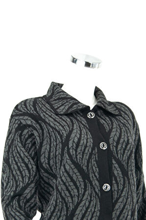 Oppland Kadın Füme Kışlık Motifli Düğmeli Cepli Rahat Kesim Likralı Yünlü Dokuma Anne Hırka