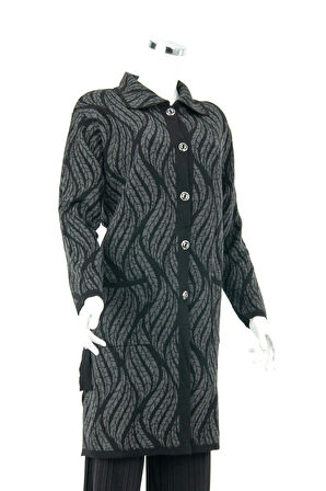 Oppland Kadın Füme Kışlık Motifli Düğmeli Cepli Rahat Kesim Likralı Yünlü Dokuma Anne Hırka