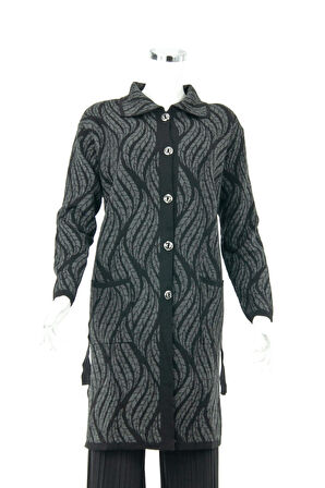 Oppland Kadın Füme Kışlık Motifli Düğmeli Cepli Rahat Kesim Likralı Yünlü Dokuma Anne Hırka