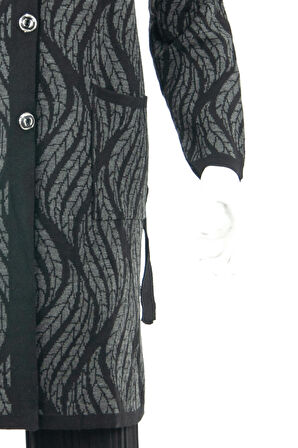 Oppland Kadın Füme Kışlık Motifli Düğmeli Cepli Rahat Kesim Likralı Yünlü Dokuma Anne Hırka