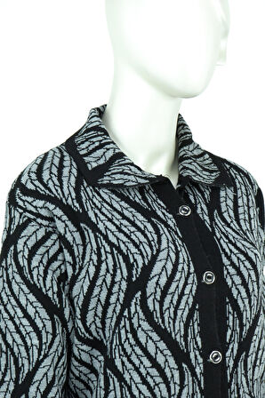 Oppland Kadın Kışlık Motifli Düğmeli Cepli Rahat Kesim Likralı Yünlü Dokuma Anne Hırka