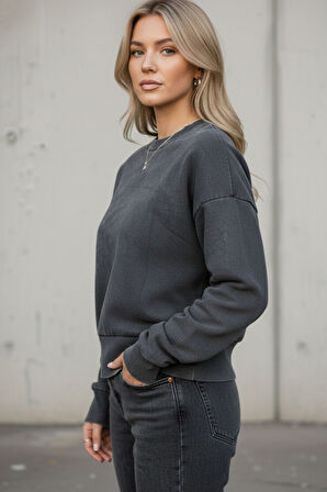 Kadın Füme Bisiklet Yaka Taş Yıkama Pamuklu Rahat Kesim Sweatshirt - Kadın Sweatshirt 