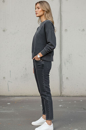 Kadın Füme Bisiklet Yaka Taş Yıkama Pamuklu Rahat Kesim Sweatshirt - Kadın Sweatshirt 