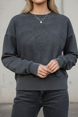 Kadın Füme Bisiklet Yaka Taş Yıkama Pamuklu Rahat Kesim Sweatshirt - Kadın Sweatshirt 