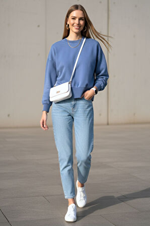 Kadın Mavi Bisiklet Yaka Pamuklu Uzun Kollu Rahat Kesim Sweatshirt - Kadın Sweatshirt