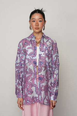 KADIN MAVİ RENK ÇİÇEK DESENLİ OVERSİZE KESİM GÖMLEK