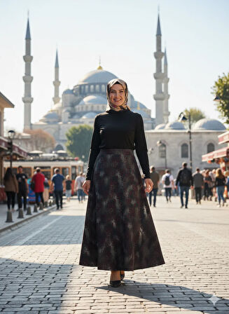 Oppland Kadın Anne Çan Etek Soft Dokulu iç Göstermez Zahmetsiz Desenli Dökümlü Tam Kalıp