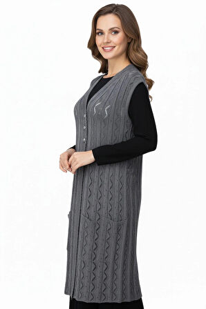 Oppland Kadın Pamuklu Rölaks Örme Anne Yelek V Yaka Güldane Motifli Delikli Üç Düğmeli Çift Cepli