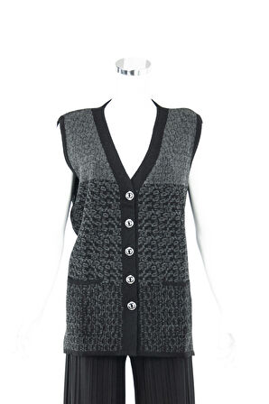 Oppland Kadın Füme Kışlık Motifli Düğmeli Çift Cepli Normal Kesim Likralı Yünlü Kumaş Anne Yelek