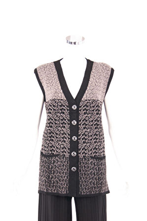 Oppland Kadın Siyah Kışlık Motifli Düğmeli Çift Cepli Normal Kesim Likralı Yünlü Kumaş Anne Yelek