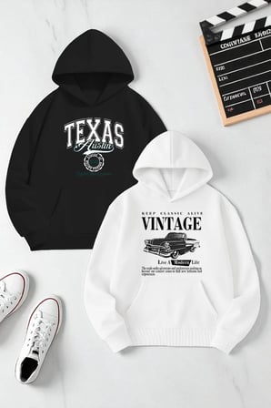 Unisex Tasarım Baskılı Kapüşonlu Sweatshirt 2'li Fırsat Paketi