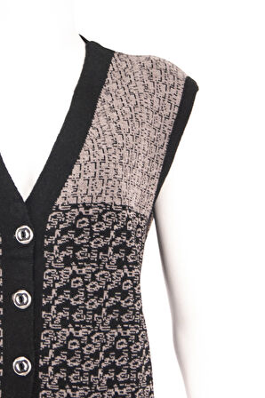 Oppland Kadın Siyah Kışlık Motifli Düğmeli Çift Cepli Normal Kesim Likralı Yünlü Kumaş Anne Yelek