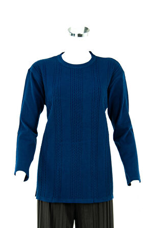 Oppland Kadın Parlement Mavi Kışlık Normal Kesim Likralı Pamuklu Kardelen Dokuma Anne Kazak