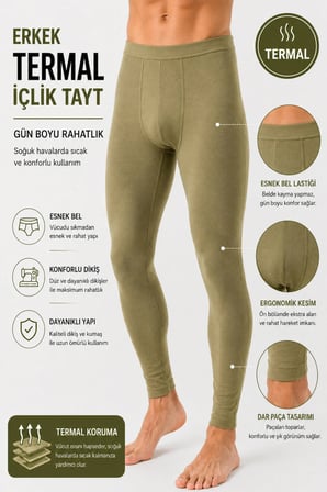 Erkek Termal İçlik Tayt (Tutku yetkili Satıcısı) 1 Adet Haki– Soğuk Havalara Uygun Esnek, Yumuşak ve Rahat Alt İçlik