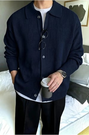 Erkek Polo Yaka Oversize Triko Hırka