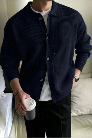Erkek Polo Yaka Oversize Triko Hırka