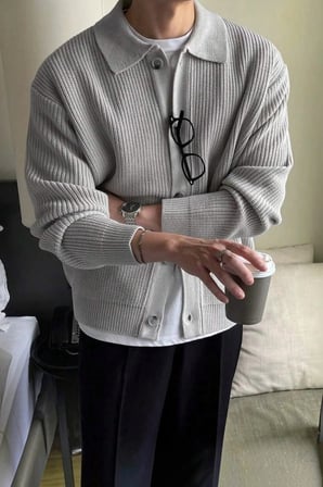 Erkek Polo Yaka Oversize Triko Hırka
