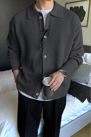 Erkek Polo Yaka Oversize Triko Hırka