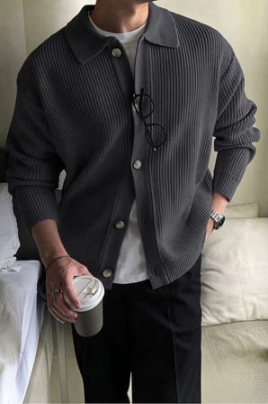 Erkek Polo Yaka Oversize Triko Hırka