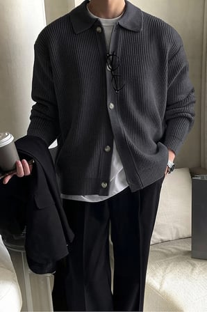 Erkek Polo Yaka Oversize Triko Hırka