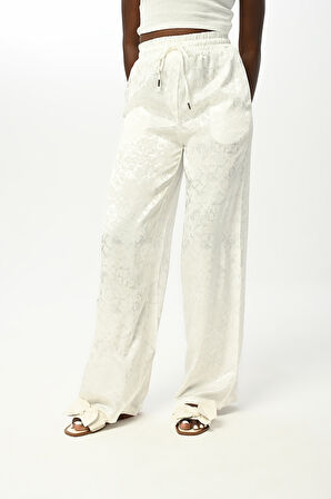 KADIN EKRU RENK DESENLİ BOL PAÇA BELİ LASTİKLİ PANTOLON