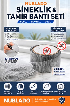 Pencere ve Kapı Sinekliği 125x150 cm + 2 Metre 48 mm Güçlü Yapışkanlı Tamir Bandı 2'li Set