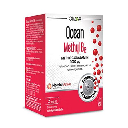 Orzax Ocean 1000 mg Methyl Cobalamin B12 Sprey 5 ml
